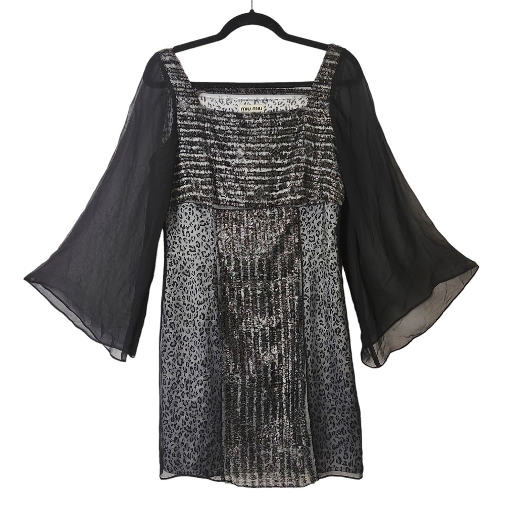 MIU MIU MADE IN ITALY BLACK BELLSLEEVE LEOPARD SPARKLY BODICE DRESS SIZE LARGE